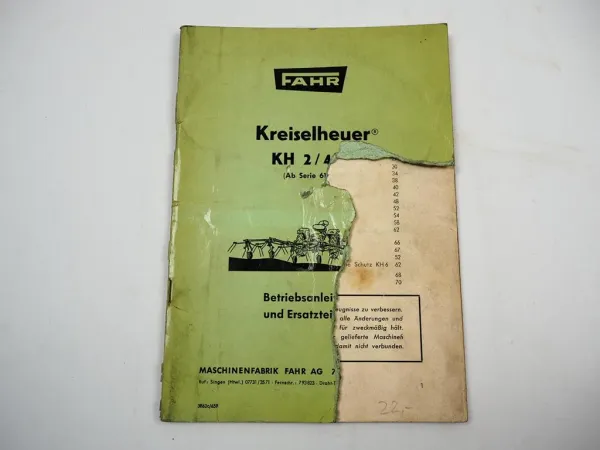 Fahr KH2 KH4 KH6 Kreiselheuer Betriebsanleitung Ersatzteilliste 1965