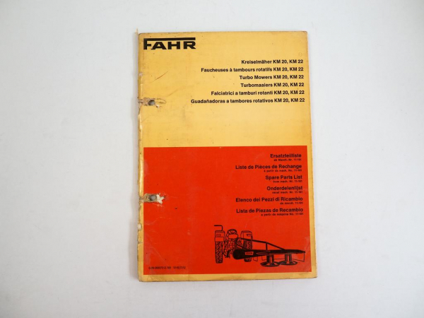 Fahr KM 20 22 Kreiselmäher Ersatzteilliste Spare Parts List 1975
