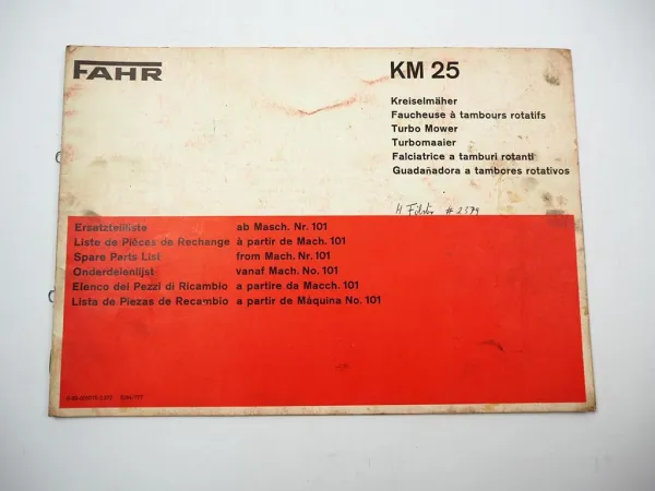 Fahr KM25 Kreiselmäher Ersatzteilliste Spare Parts List 1977