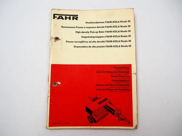 Fahr Köla Rivale 20 Hochdruckpresse Ersatzteilliste Ersatzteilkatalog 1971