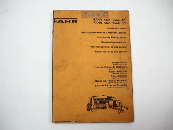 Fahr Köla Rivale 3 40 50 Hochdruckpresse Ersatzteilliste Parts List 1971