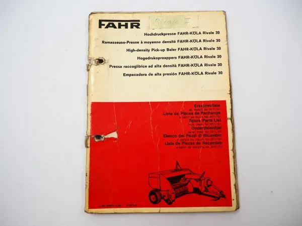 Fahr Köla Rivale 30 Hochdruckpresse Ersatzteilliste Ersatzteilkatalog 1971