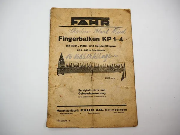 Fahr KP1-4 Fingerbalken für Mähwerk Betriebsanleitung Ersatzteilliste 1949