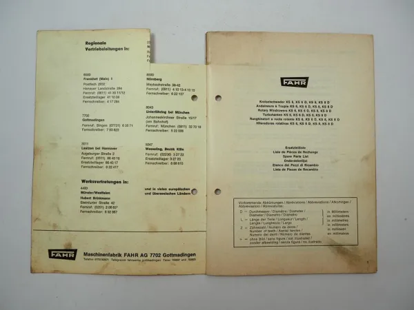 Fahr KS 6 6D 8 8D Kreiselschwader Ersatzteilliste Ersatzteilkatalog 1969