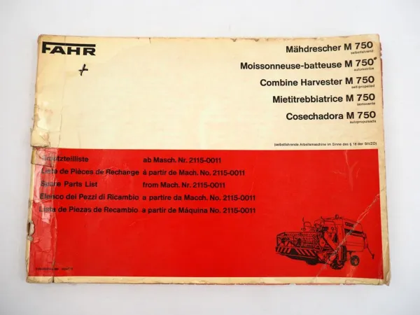 Fahr M750 Mähdrescher selbstfahrend Ersatzteilliste Ersatzteilkatalog 1977