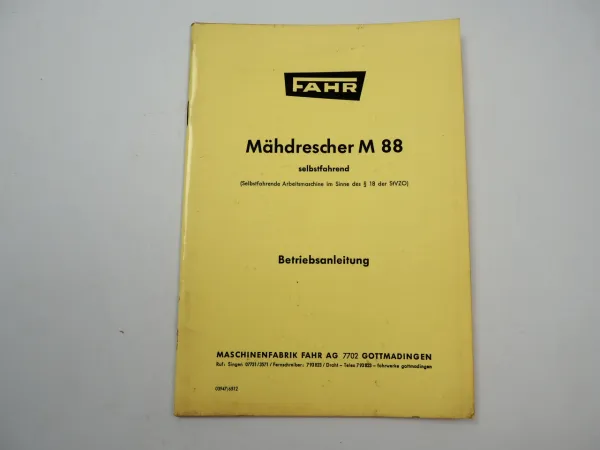 Fahr M88 Mähdrescher Betriebsanleitung Bedienungsanleitung 1965