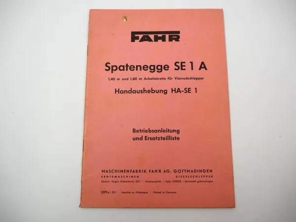 Fahr SE1A Spatenegge HA-SE1 Handaushebung Betriebsanleitung Ersatzteilliste 1957