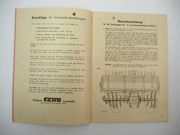 Fahr SE1A Spatenegge HA-SE1 Handaushebung Betriebsanleitung Ersatzteilliste 1957