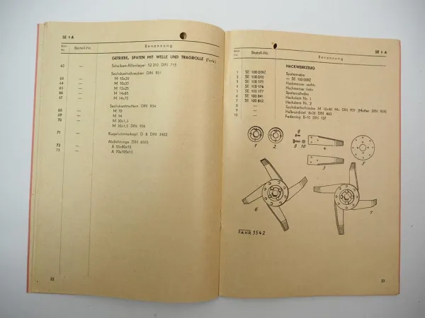 Fahr SE1A Spatenegge HA-SE1 Handaushebung Betriebsanleitung Ersatzteilliste 1957