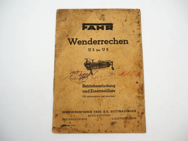 Fahr U 5 6 7 8 Wenderrechen Heuwender Betriebsanleitung Ersatzteilliste 1950er J.