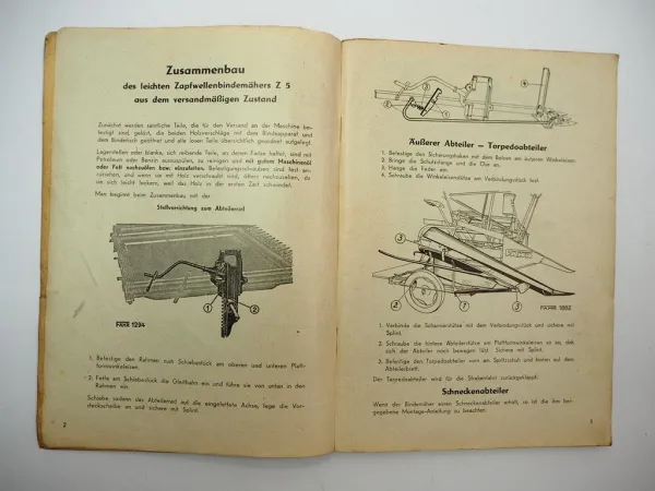 Fahr Z5 Leichter Zapfwellenbindemäher Betriebsanleitung Ersatzteilliste 1955