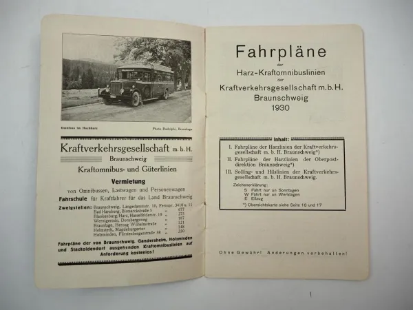 Fahrplan Kraftomnibus Harz Linien Kraftverkehrsgesellschaft Braunschweig 1930