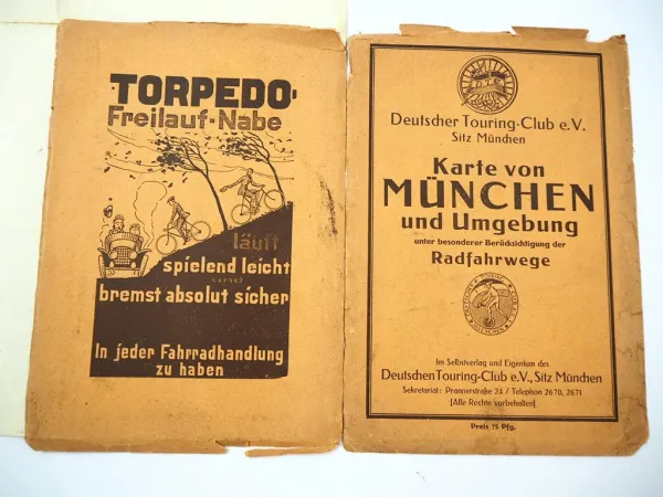 Fahrrad Karte von München u Umgebung mit Radfahrwegen 1910/20 DTC eV
