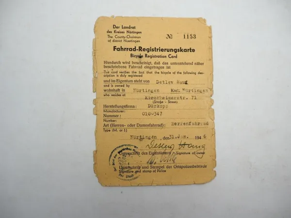Fahrrad Registrierungskarte Dürkopp Herrenrad 1946 Nürtingen