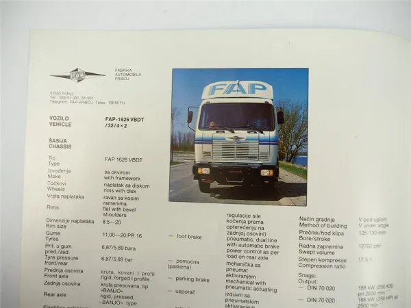 FAP Famos 1626VBDT LKW Truck Tegljac Prospekt Brochure 1987 Beograd Jugoslawien