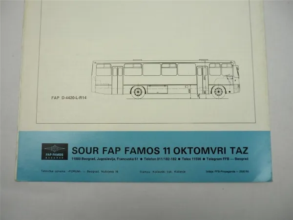 FAP Famos Dubrava 4420 Omnibus Prospekt Brochure 1986 Beograd Jugoslawien