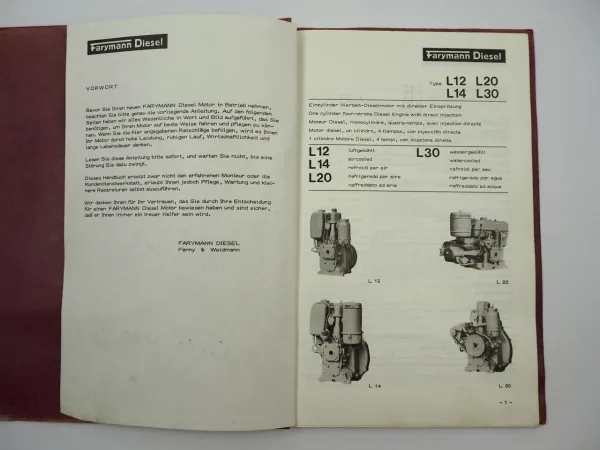 Farymann Diesel L12 L14 L20 L30 Motor Bedienungsanleitung Ersatzteilliste 1978