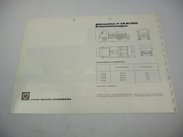 Faun F 24 B/255 Eilfrachter Pritschenwagen Prospekt Technische Daten 1950er J.