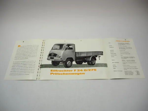 Faun F 24 D/275 Eilfrachter Pritschenwagen Prospekt Technische Daten 1950er J.