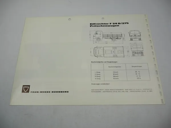 Faun F 24 D/275 Eilfrachter Pritschenwagen Prospekt Technische Daten 1950er J.
