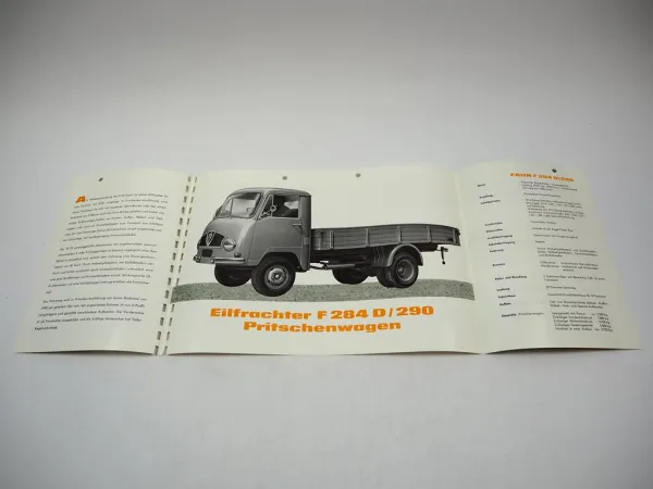 Faun F 284 D/290 Eilfrachter Pritschenwagen Prospekt Technische Daten 1950er J.