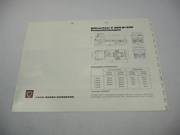 Faun F 284 D/290 Eilfrachter Pritschenwagen Prospekt Technische Daten 1950er J.