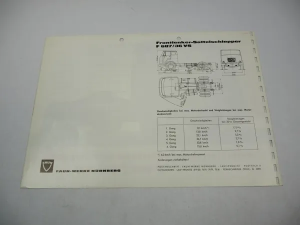 Faun F 687/36 VS Frontlenker-Sattelschlepper Prospekt Technische Daten 1950er J.