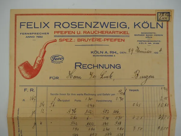 Felix Rosenzweig Köln Pfeifen und Raucherartikel Rechnung 1924