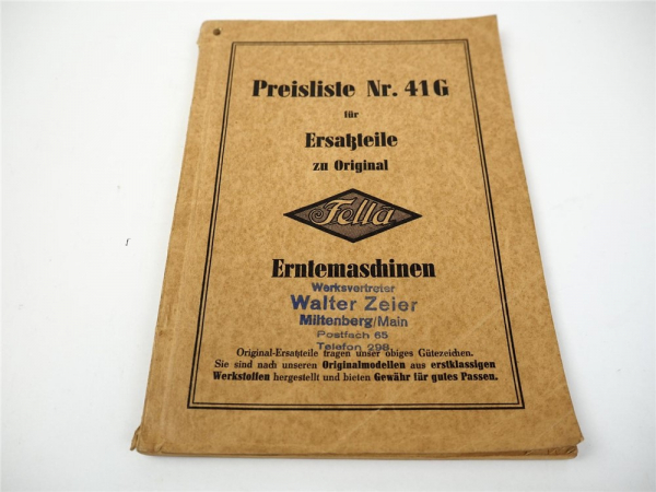 Fella Erntemaschinen Preisliste Nr. 41G für Ersatzteile ca. 1941