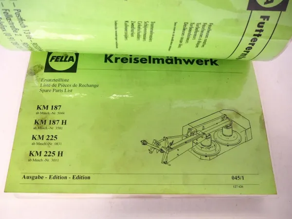 Fella KM 187 225 H Kreiselmäher Betriebsanleitung Ersatzteilliste 1994