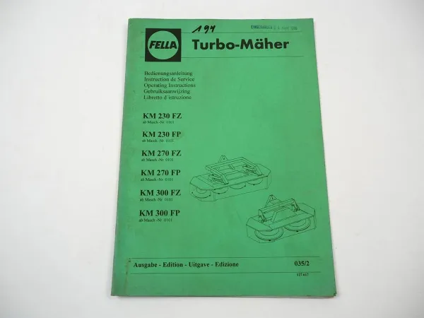 Fella KM 230 270 300 FZ FP Turbo Mäher Betriebsanleitung 1994