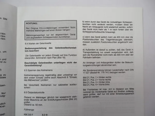 Fella KM 230 270 300 FZ FP Turbo Mäher Betriebsanleitung 1994