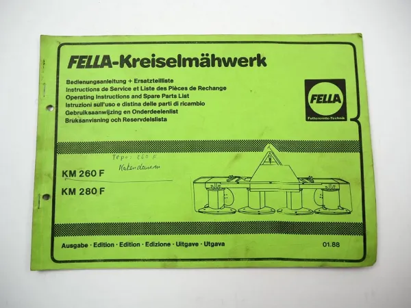 Fella KM 260 280 F Kreiselmähwerk Betriebsanleitung Ersatzteilliste 1988