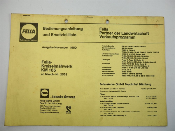Fella KM165 ab Nr. 2553 Kreiselmähwerk Betriebsanleitung Ersatzteilliste 11/1980