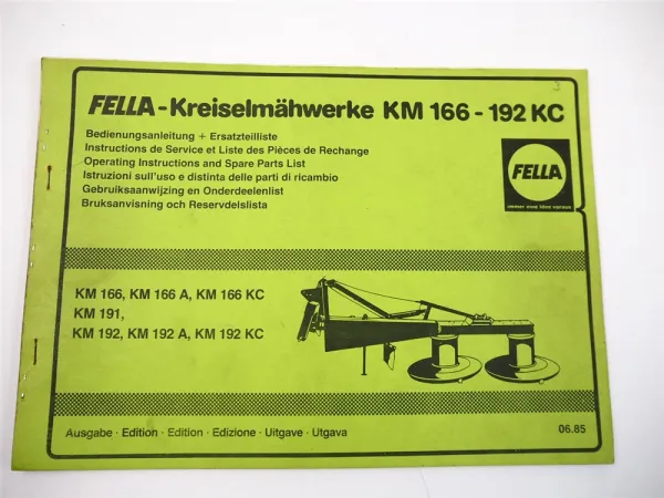 Fella KM 166 191 192 A KC Kreiselmähwerk Bedienungsanleitung Ersatzteilliste 1985