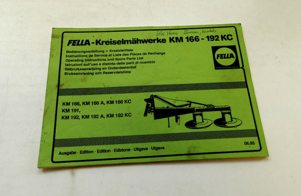 Fella KM166 - 192KC Kreiselmähwerk Betriebsanleitung Ersatzteilliste 06/1985