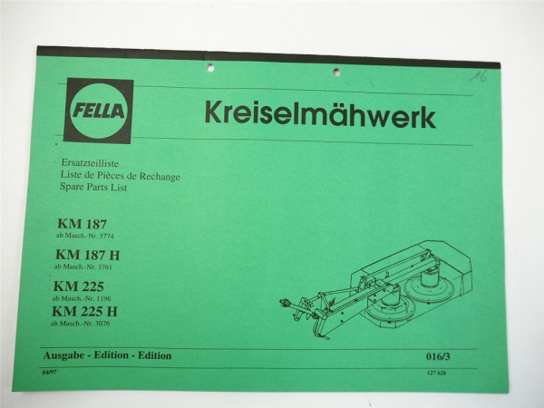 Fella KM187 H 225 H Kreiselmähwerk Ersatzteilliste Ersatzteilkatalog 04/1997