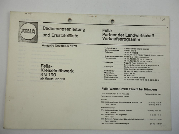Fella KM190 ab Nr. 101 Kreiselmähwerk Betriebsanleitung Ersatzteilliste 11/1979