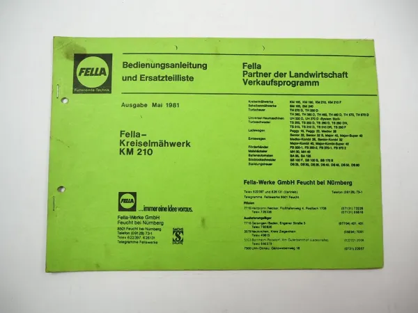 Fella KM210 Kreiselmähwerk Bedienungsanleitung Ersatzteilliste 1981