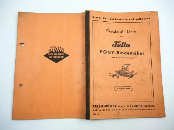 Fella Pony P1 Bindemäher linksschneidend Ersatzteilliste 1953