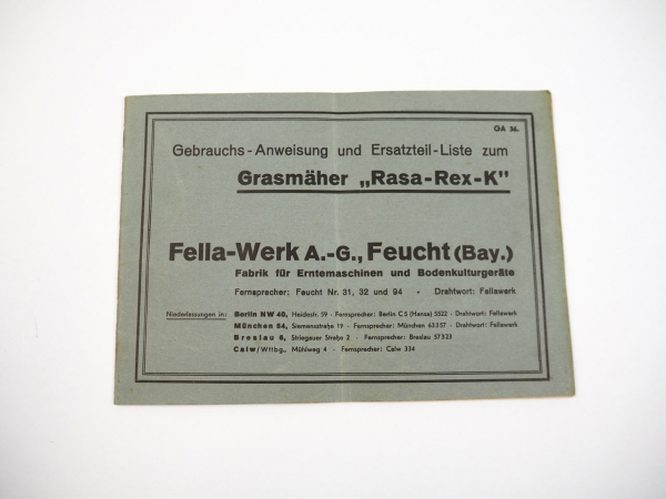 Fella Rasa Rex K Grasmäher Bedienungsanleitung Ersatzteilliste 1936