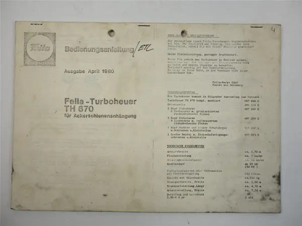 Fella TH670 Turboheuer für Ackerschiene Bedienungsanleitung Ersatzteilliste 1980