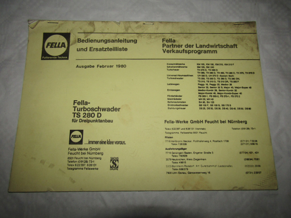 Fella TS280D Turboschwader Bedienungsanleitung Ersatzteilliste 2/1980