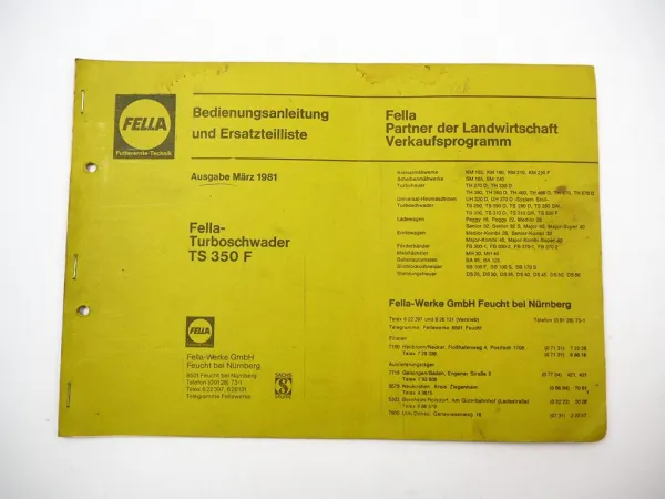Fella TS350F Turboschwader Bedienungsanleitung Ersatzteilliste 1981