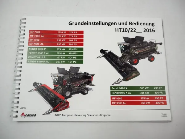 Fendt 8380P 8410P 9490X MF 7380 7382 9380 AL Mähdrescher Betriebsanleitung 2016