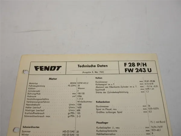 Fendt Dieselross F 28 P H FW 243 U Technische Daten Anzugswerte Datenblatt 1965
