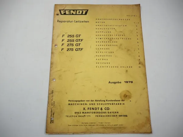 Fendt F 255 275 GT GTF Geräteträger Reparatur Leitzeiten 1979