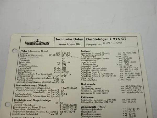Fendt F 275 GT Geräteträger Technische Daten & Anzugswerte Datenblatt 1976