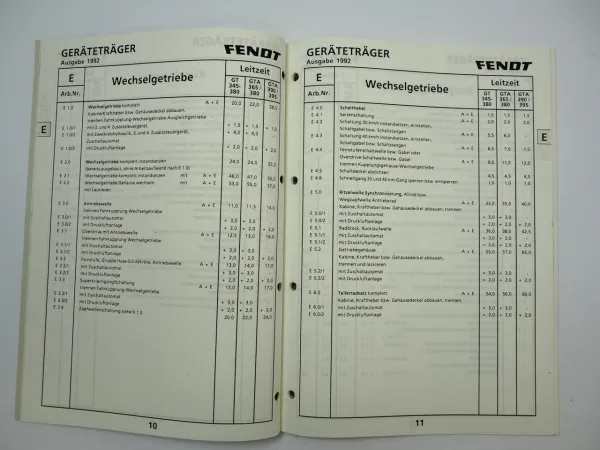 Fendt F 345 360 365 380 390 395 Geräteträger Reparaturleitzeiten Richtzeiten 1992