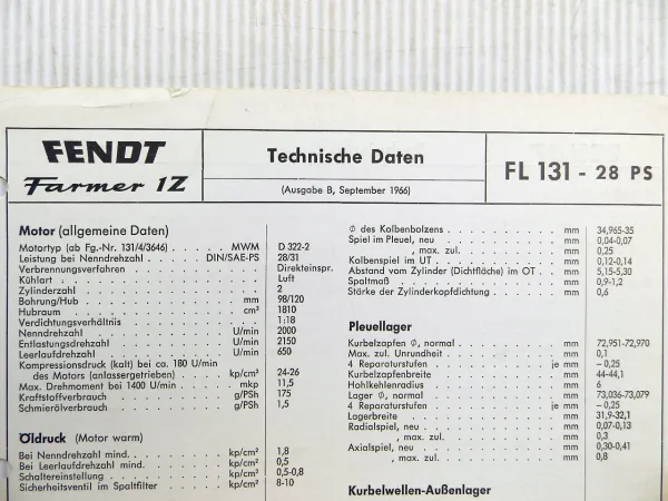 Fendt Farmer 1 Z FL 131 - 28 PS Technische Daten Anzugswerte Datenblatt 1966